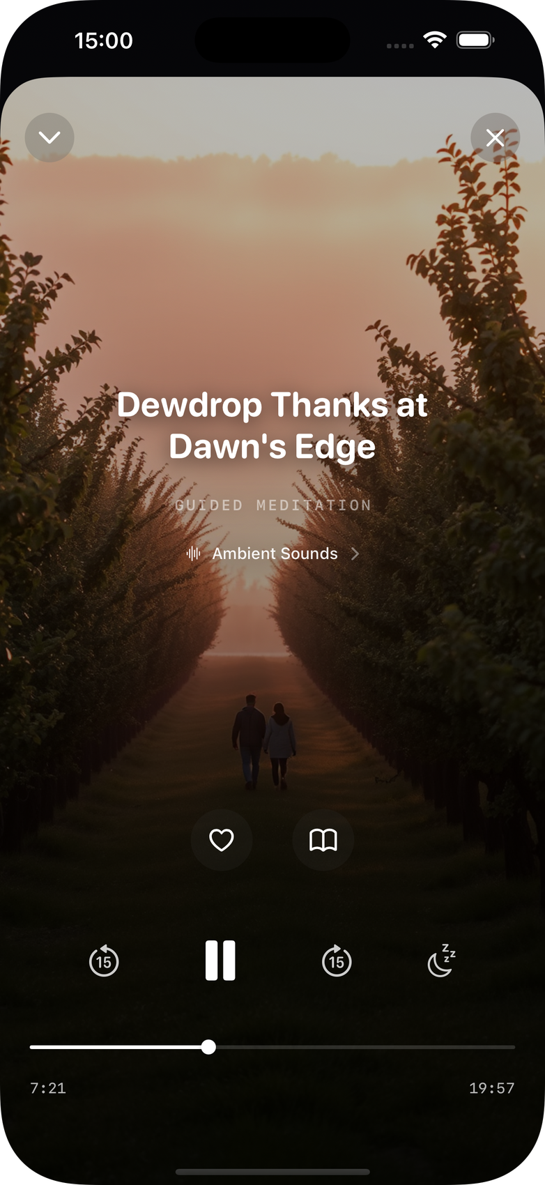 DreamWhisper guided meditation screen with a soft sunrise scene