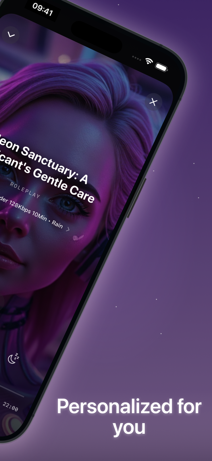 DreamWhisper iPhone screen showing personalized AI sleep story options